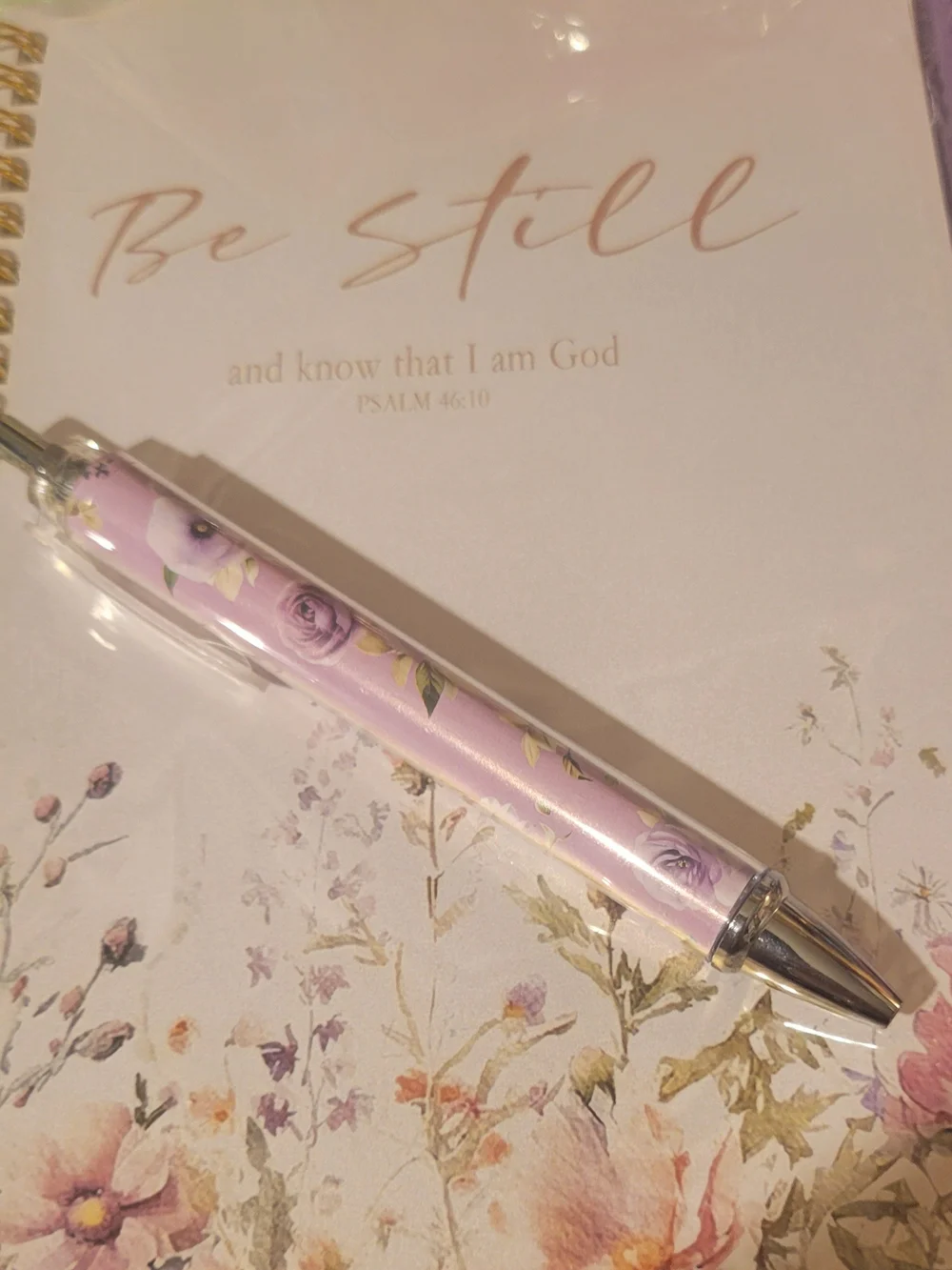 Floral 'Be Still' Lavender Spiral Notebook & Pen Set